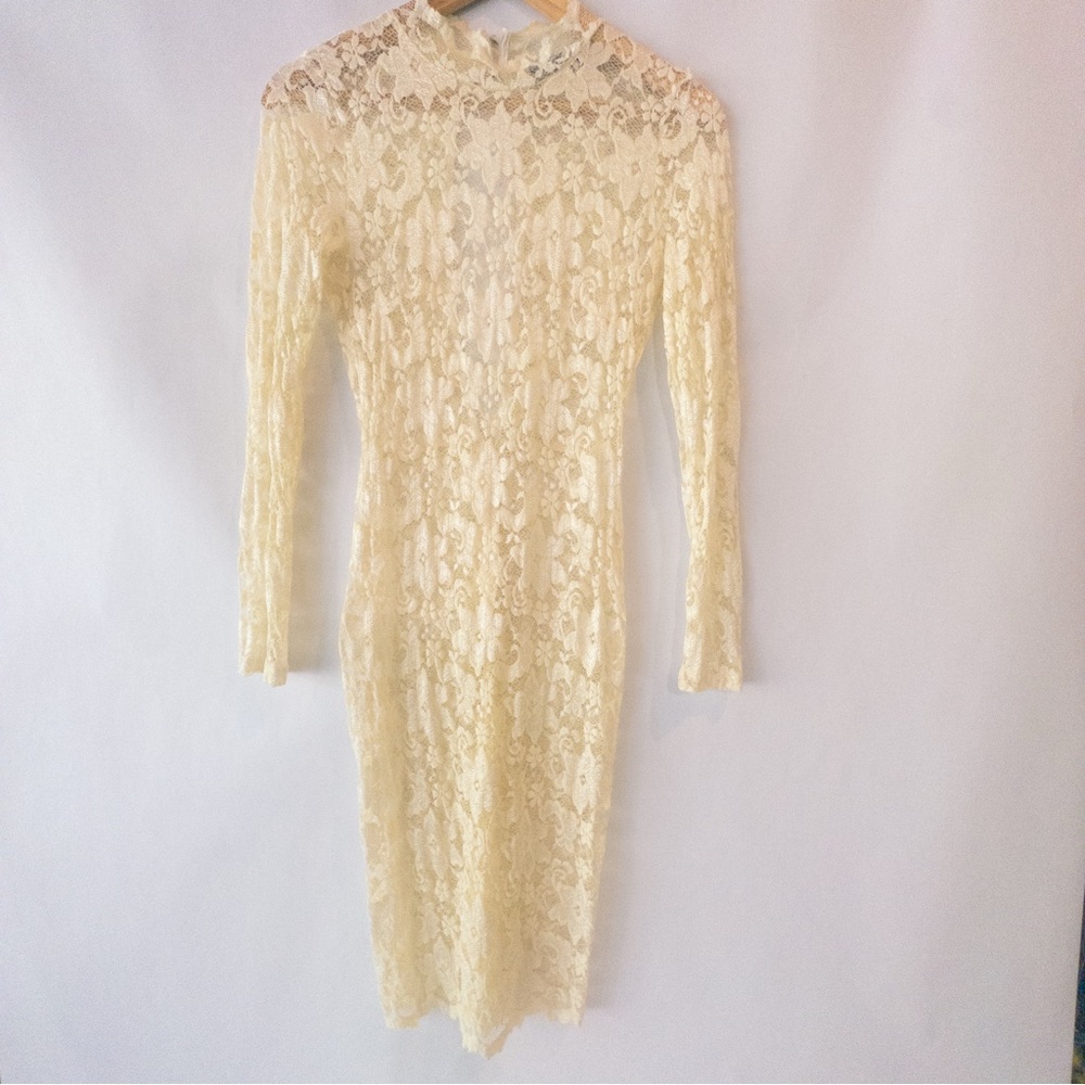 Vintage Cream Lace Midi Dress | Long Sleeve Mock Neck Feminine Romantic